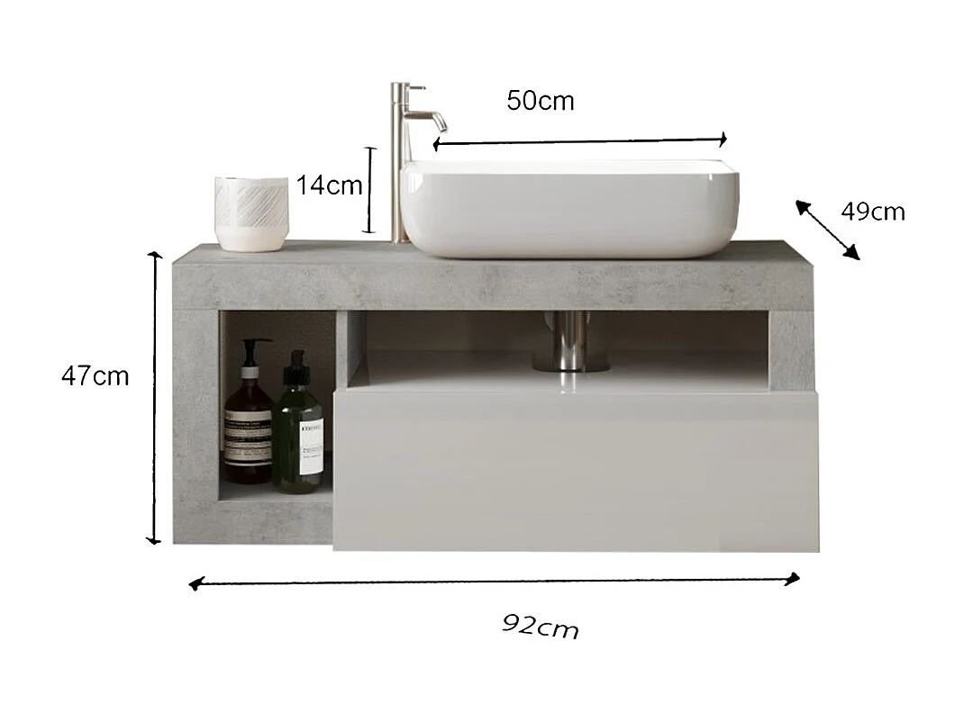 Meuble de salle de bain suspendu avec une vasque et 1 tiroir, longueur 92cm, collection BURA. Coloris blanc brillant et béton