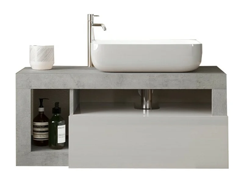 Meuble de salle de bain suspendu avec une vasque et 1 tiroir, longueur 92cm, collection BURA. Coloris blanc brillant et béton