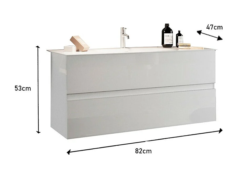 Hängendes Badezimmermöbel mit 1 Waschbecken und 2 Schubladen, Länge 82cm, Kollektion WIEN. Farbe Hochglanzweiß.