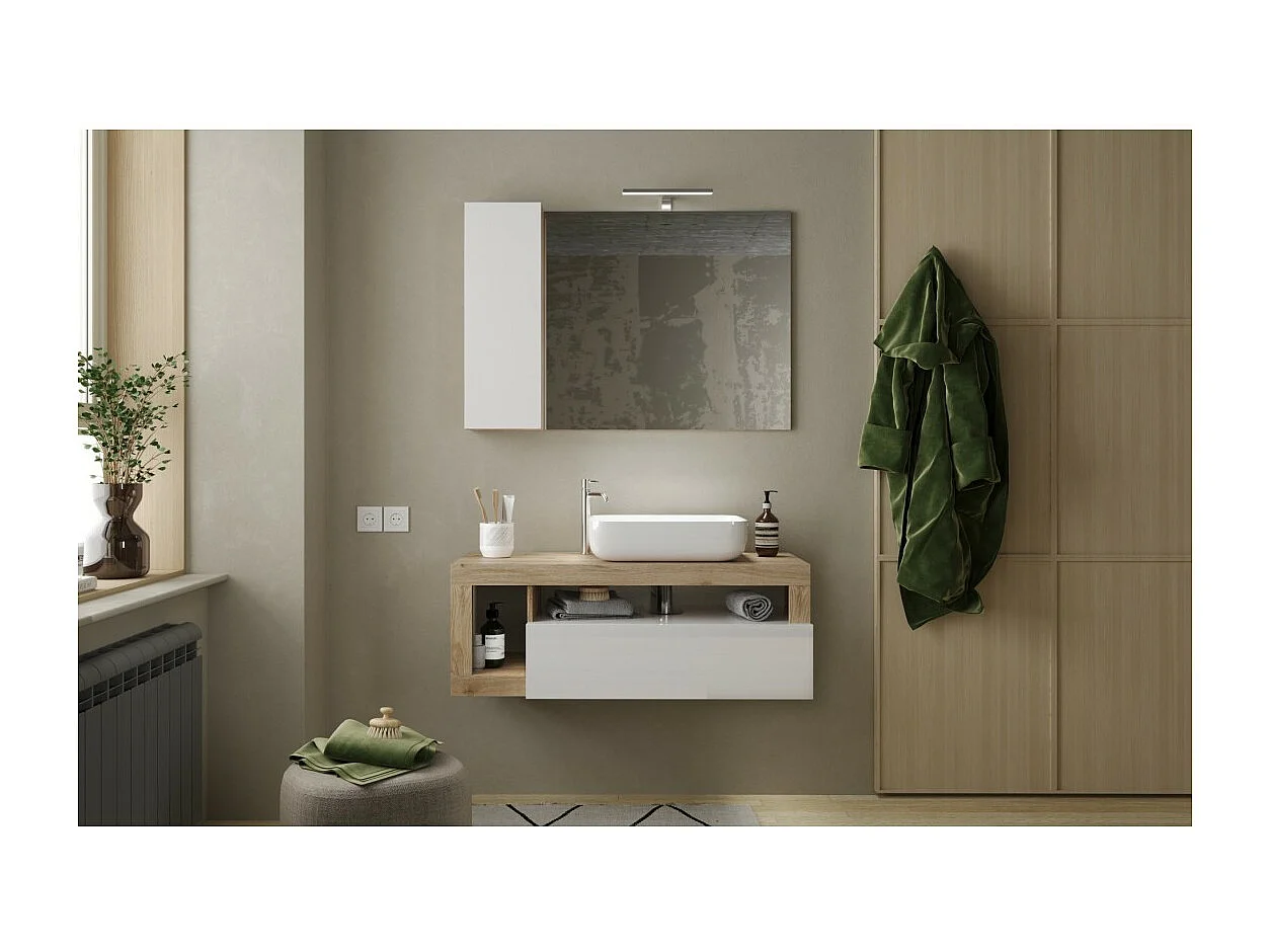 Meuble de salle de bain suspendu avec vasque et tiroir, collection BURA, blanc brillant/chêne clair
