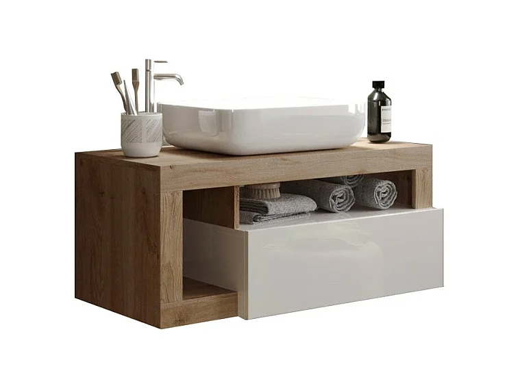 Meuble de salle de bain suspendu avec vasque et tiroir, collection BURA, blanc brillant/chêne clair