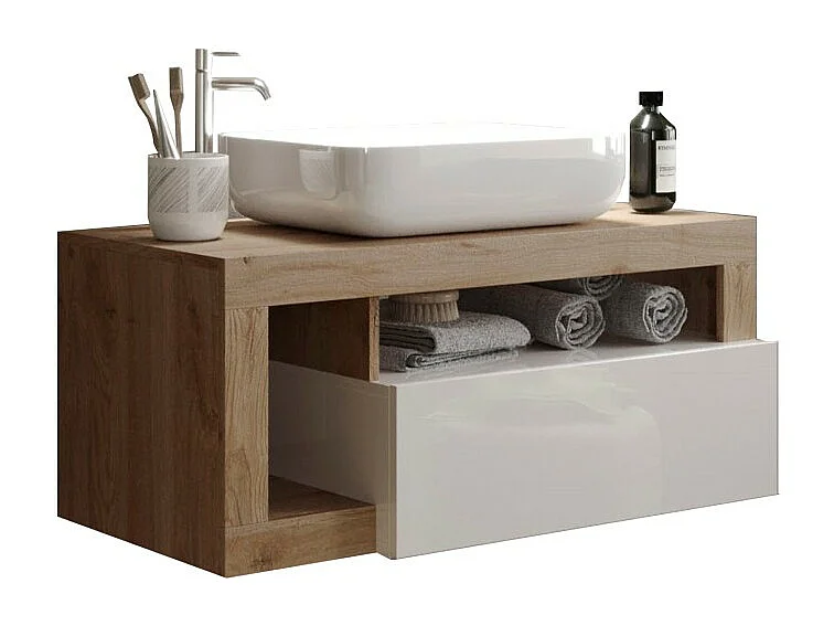 Meuble de salle de bain suspendu avec vasque et tiroir, collection BURA, blanc brillant/chêne clair