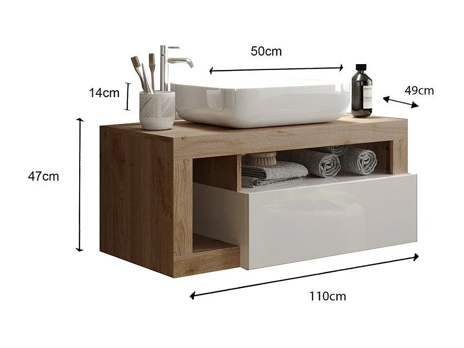 Meuble de salle de bain suspendu avec vasque et tiroir, collection BURA, blanc brillant/chêne clair