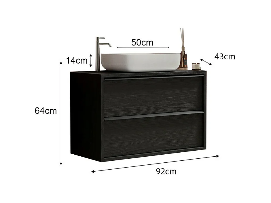Zwevend badkamermeubel FRASSI - 92 cm - Aszwart - Inclusief wastafel - 2 laden