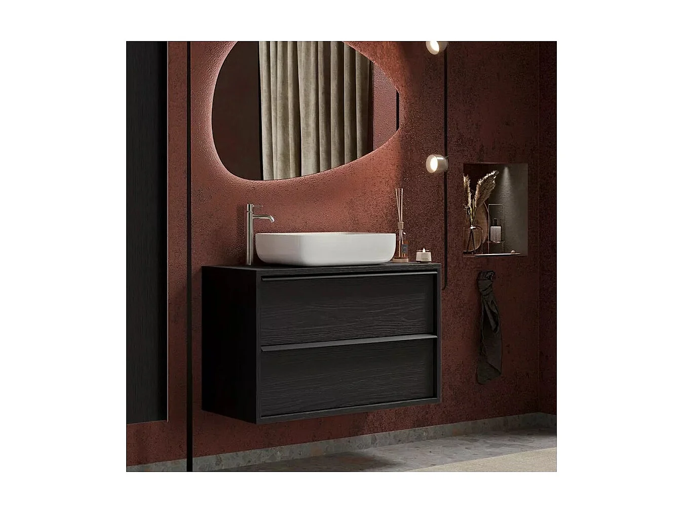 Meuble de salle de bain suspendu FRASSI – 92 cm – Noir cendré – Évier inclus – 2 tiroirs