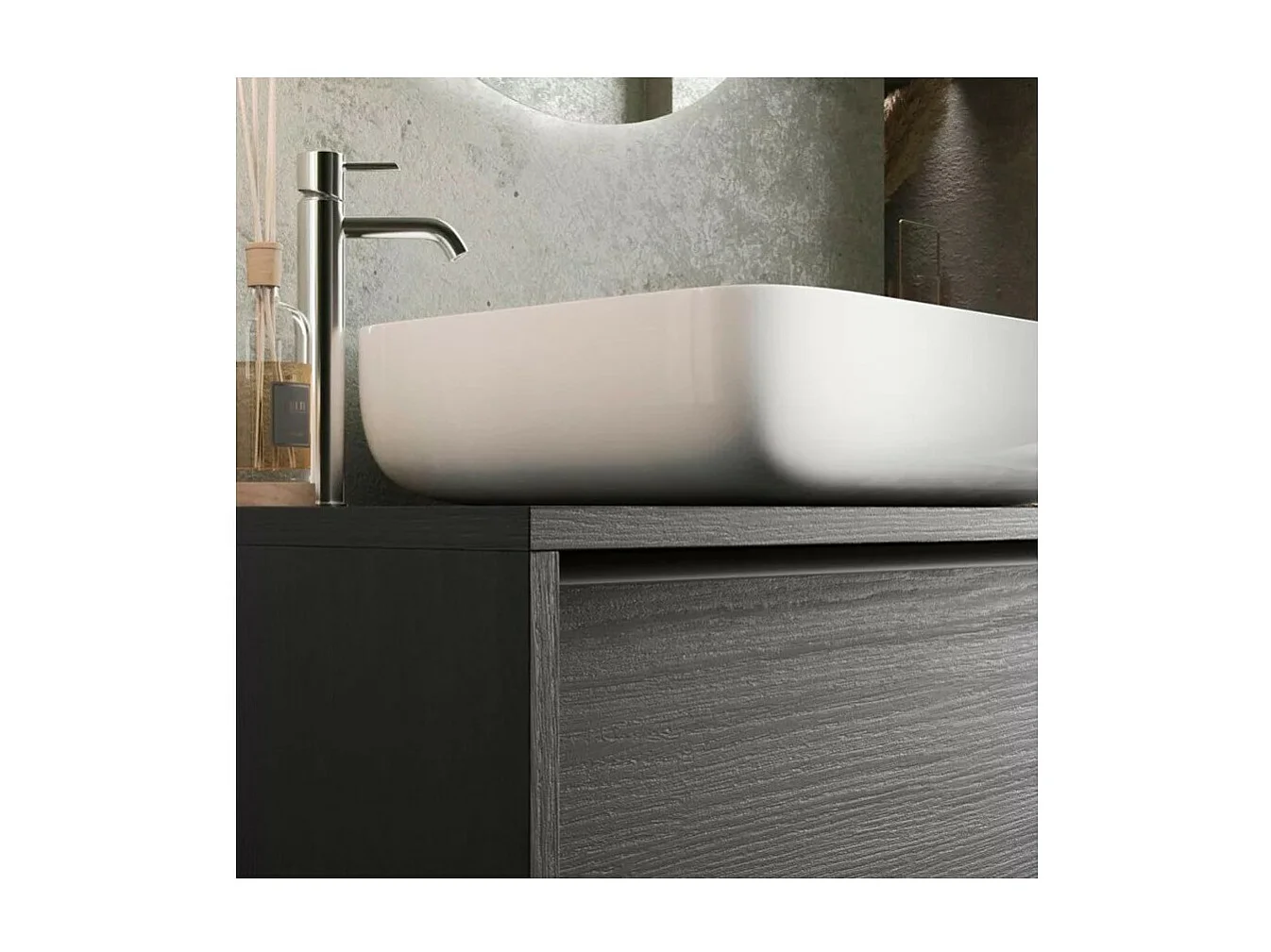 Meuble de salle de bain suspendu FRASSI – 92 cm – Noir cendré – Évier inclus – 2 tiroirs