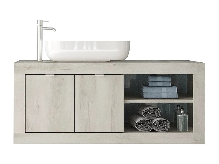 Möbel für das Badezimmer mit einer Hänge-Waschbecken und 2 Türen, Kollektion ISORA, Farbe Weiß Holzeffekt