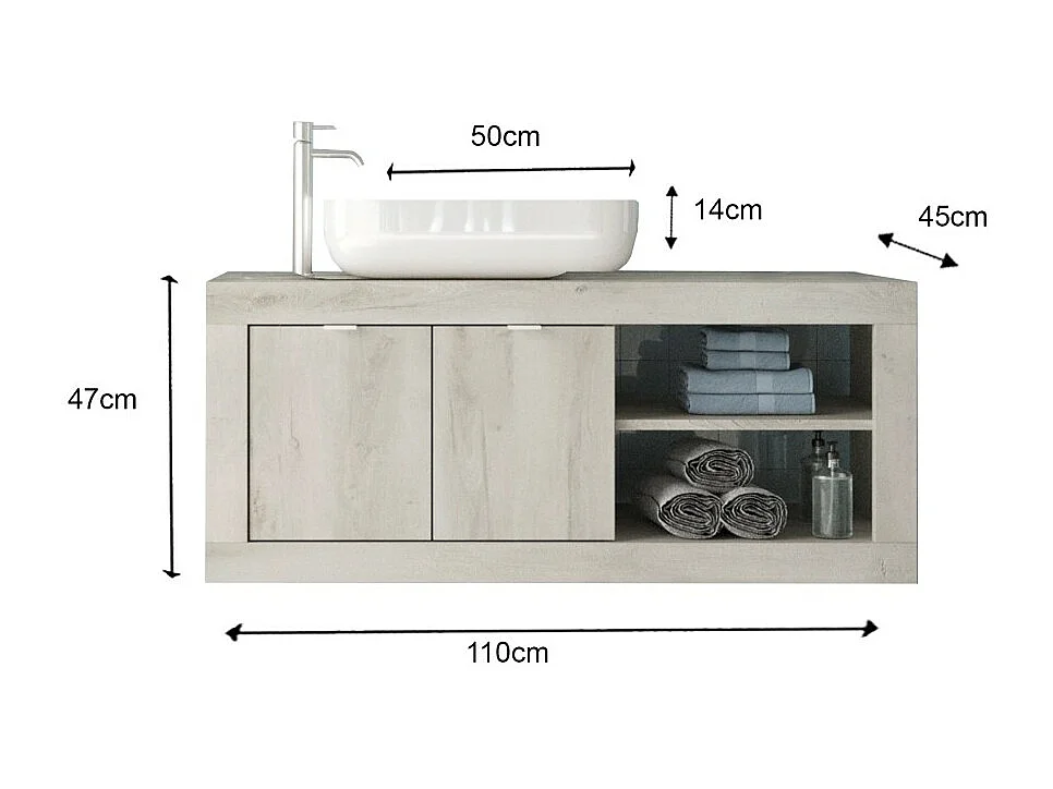 Meubel voor badkamer zwevend met een wastafel en 2 deuren, collectie ISORA, kleur wit houteffect