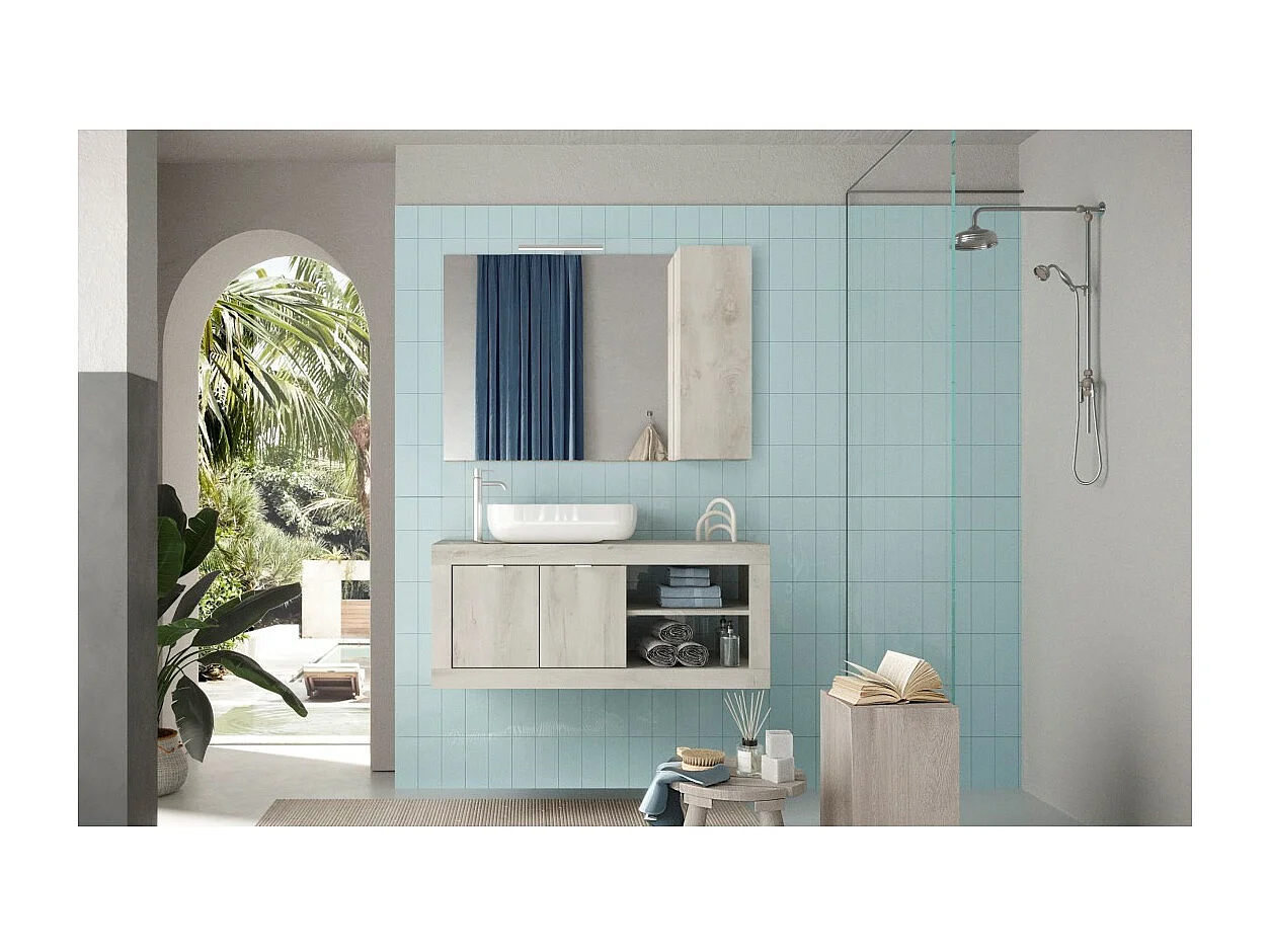 Meubel voor badkamer zwevend met een wastafel en 2 deuren, collectie ISORA, kleur wit houteffect