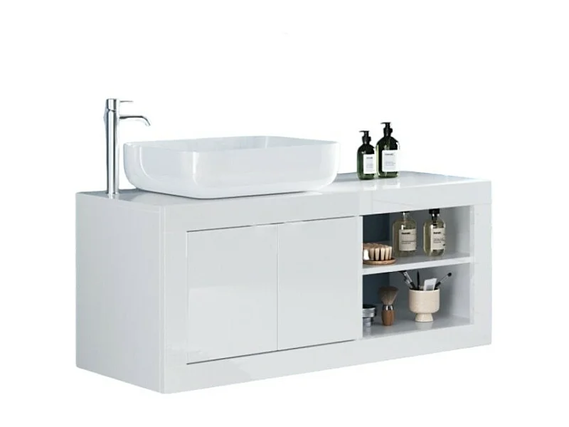 Meuble salle de bain suspendu ISORA – 1 vasque – 2 portes – 92 cm – Blanc brillant – Design moderne