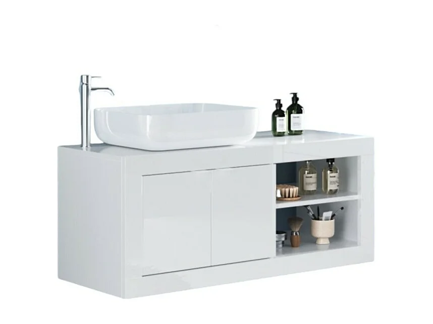 Meuble salle de bain suspendu ISORA – 1 vasque – 2 portes – 92 cm – Blanc brillant – Design moderne