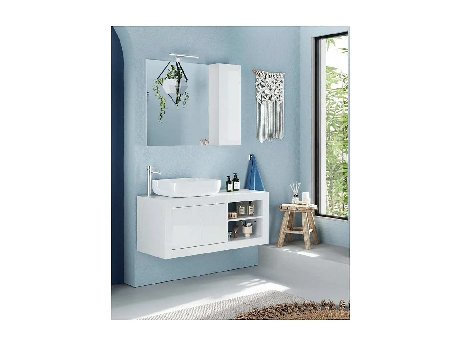 Meuble salle de bain suspendu ISORA – 1 vasque – 2 portes – 92 cm – Blanc brillant – Design moderne