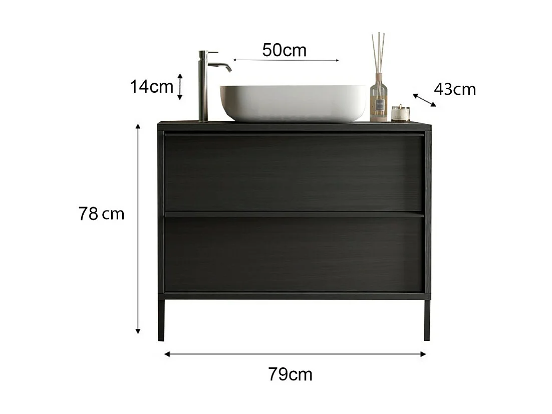Meuble de salle de bain FRASSI – 79 cm – Noir cendré – Évier inclus – 2 tiroirs
