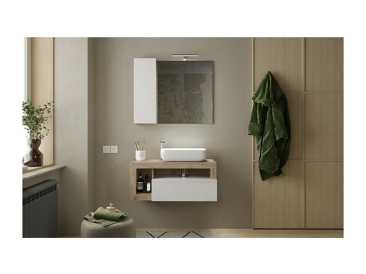 Hängendes Badezimmermöbel mit Waschbecken und Schublade, Länge 92 cm, Kollektion BURA, Hochglanz Weiß/Hell Eiche