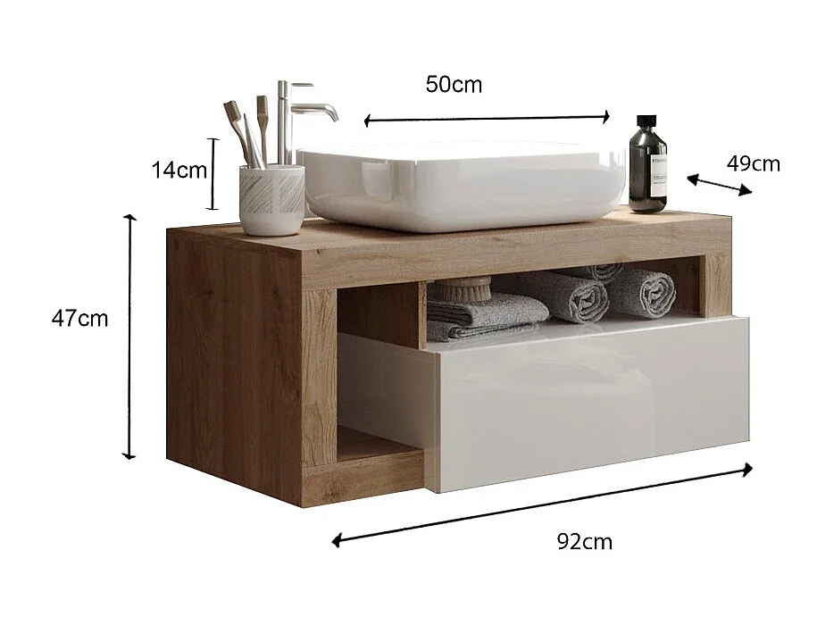 Zwevend badkamermeubel met wastafel en lade, lengte 92 cm, collectie BURA, hoogglans wit/licht eiken