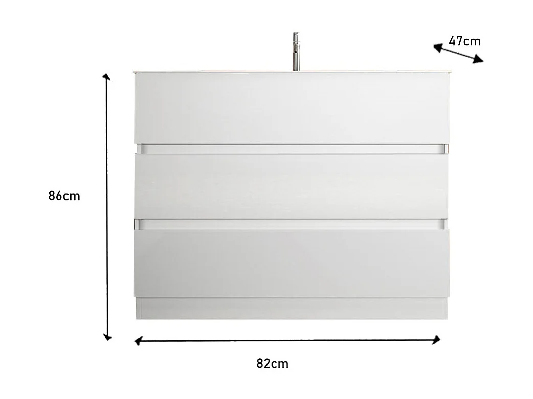 Badkamermeubel met 1 wastafel en 3 laden, lengte 82cm, collectie WENEN. Kleur glanzend wit.