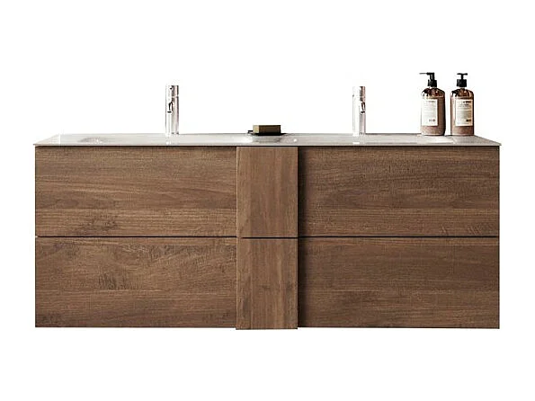 Meuble de salle de bain suspendu FRASSI – 2 vasques, 2 tiroirs – Coloris chêne clair – Design moderne