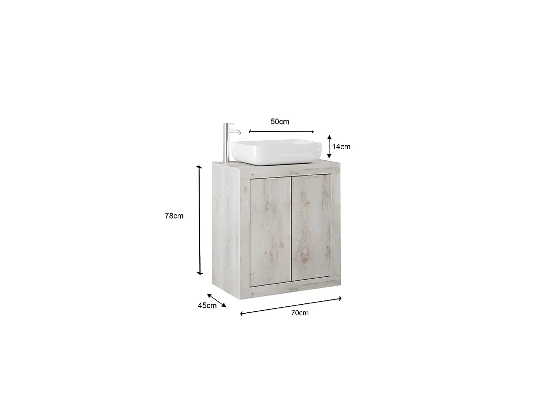 Meuble de salle de bain une vasque et 2 portes, longueur 70cm, collection CISA, coloris blanc effet bois