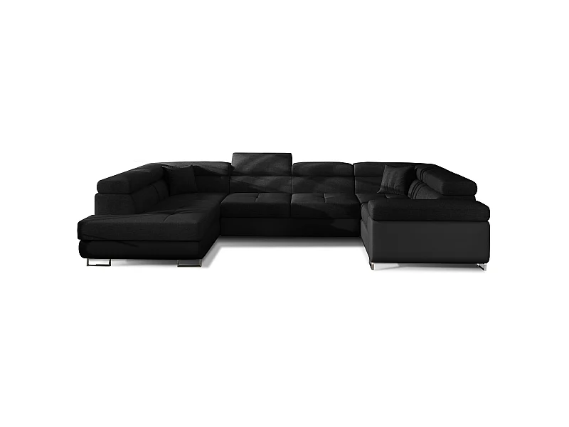 Canapé convertible U gauche tissu et simili noir avec coffre de rangement Tovy 340cm