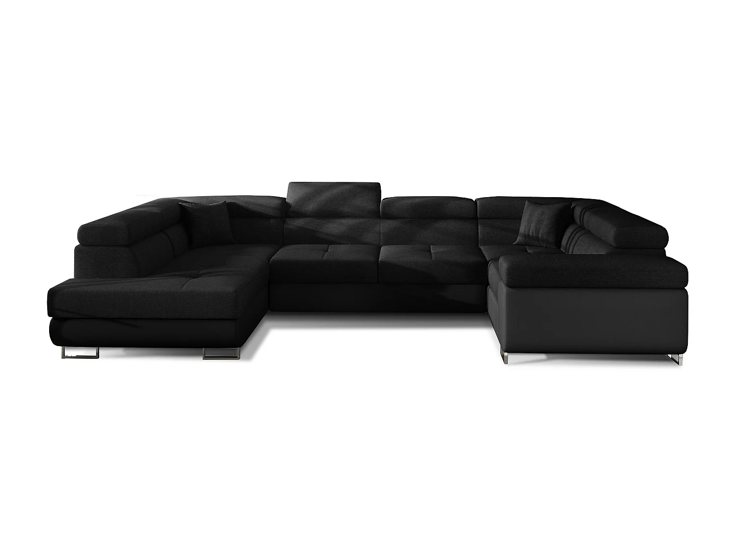 Canapé convertible U gauche tissu et simili noir avec coffre de rangement Tovy 340cm