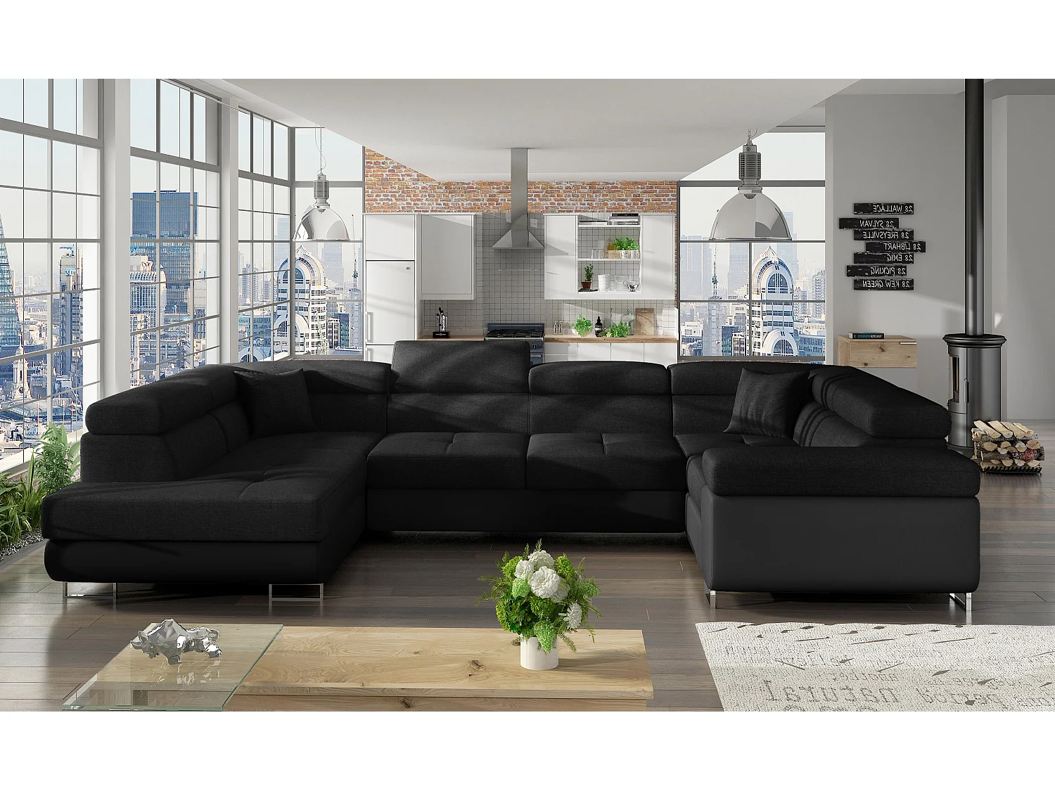 Canapé convertible U gauche tissu et simili noir avec coffre de rangement Tovy 340cm