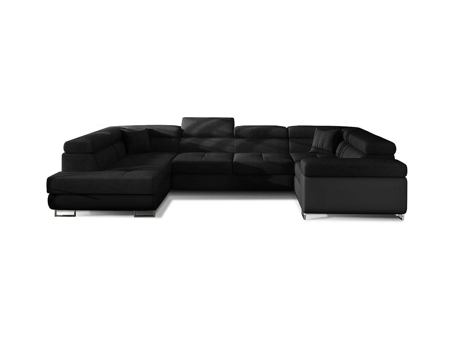 Canapé convertible U gauche tissu et simili noir avec coffre de rangement Tovy 340cm