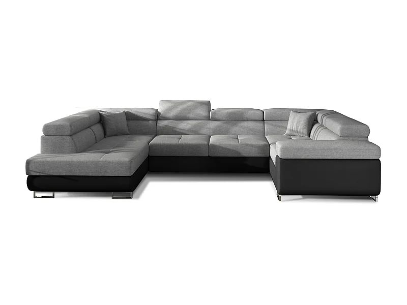 Canapé convertible U gauche tissu gris clair et simili noir avec coffre de rangement Tovy 340cm