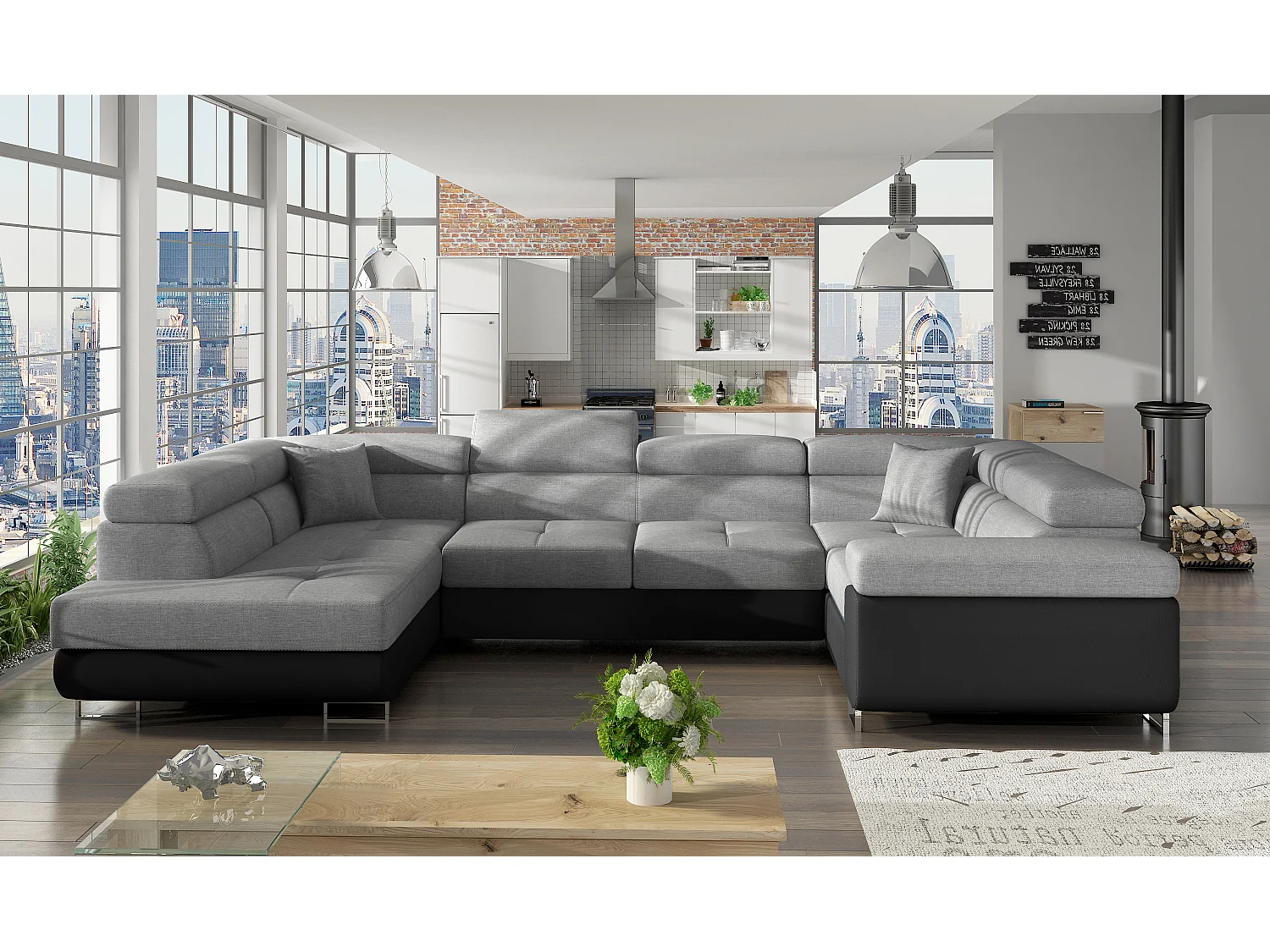 Canapé convertible U gauche tissu gris clair et simili noir avec coffre de rangement Tovy 340cm