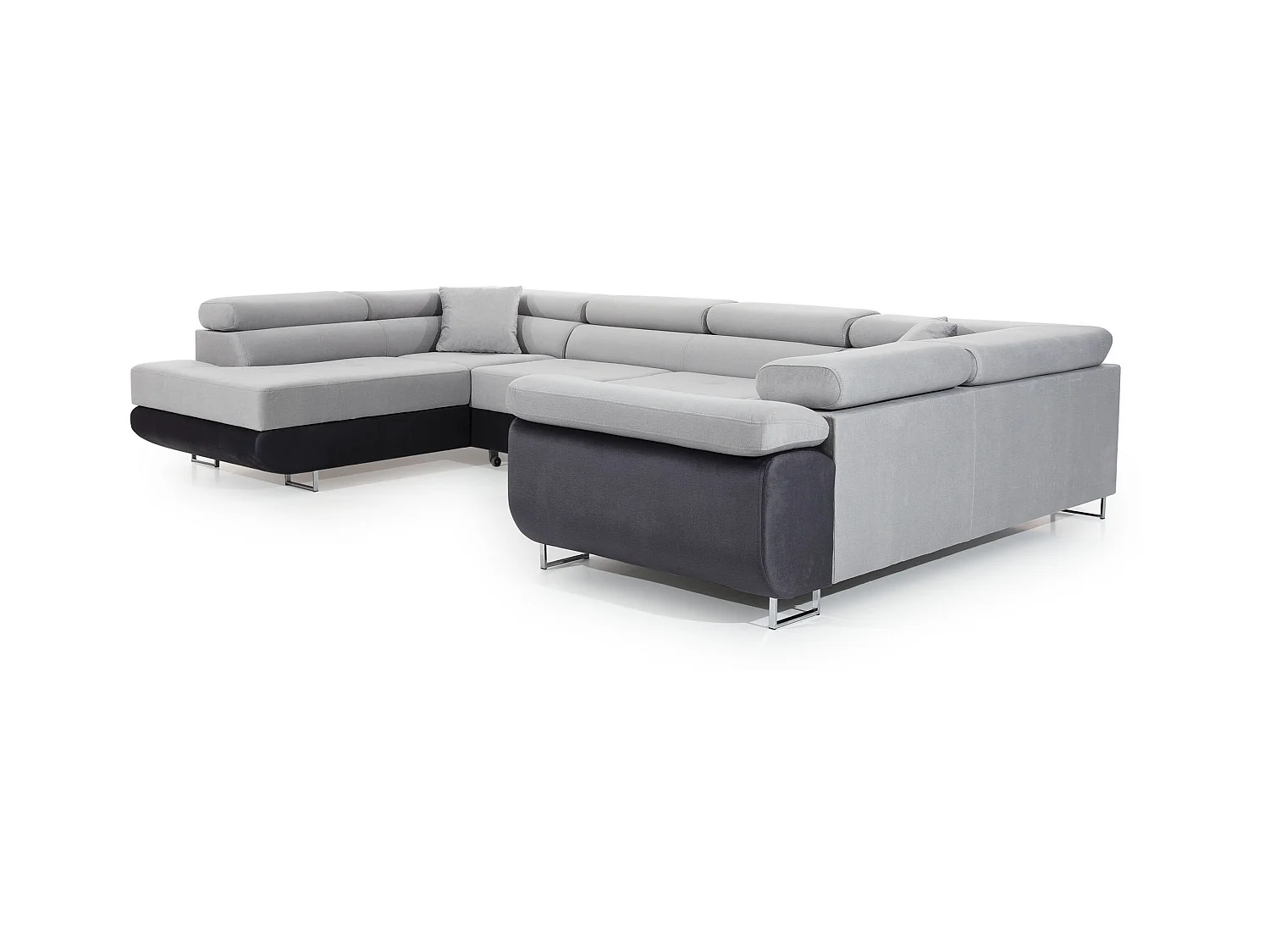 Canapé convertible U gauche tissu gris clair et simili noir avec coffre de rangement Tovy 340cm