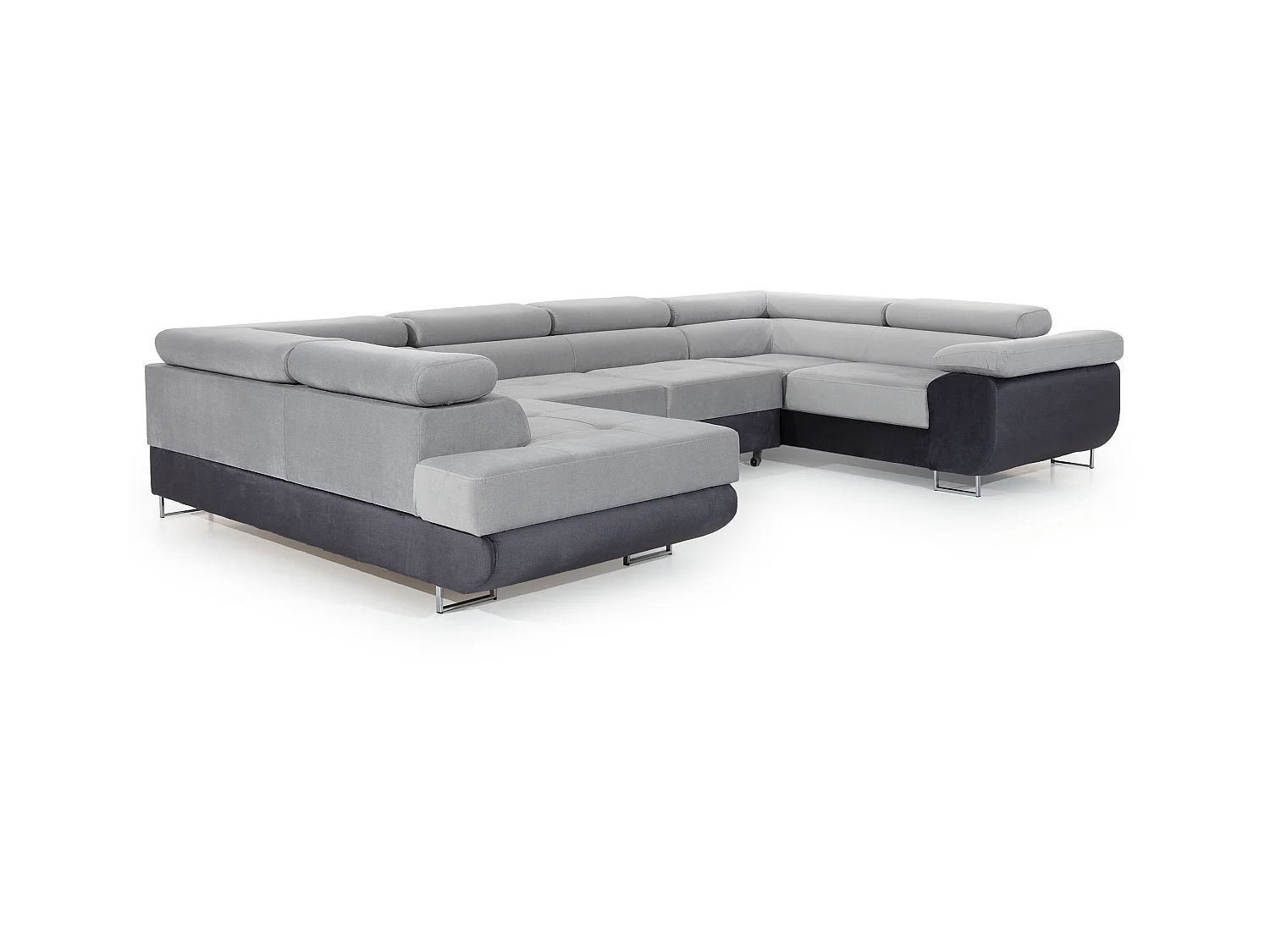 Canapé convertible U gauche tissu gris clair et simili noir avec coffre de rangement Tovy 340cm