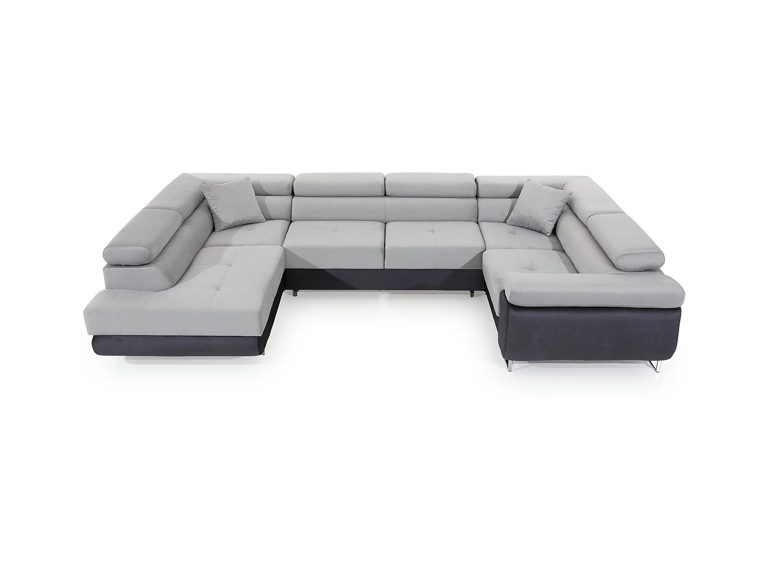Canapé convertible U gauche tissu gris clair et simili noir avec coffre de rangement Tovy 340cm