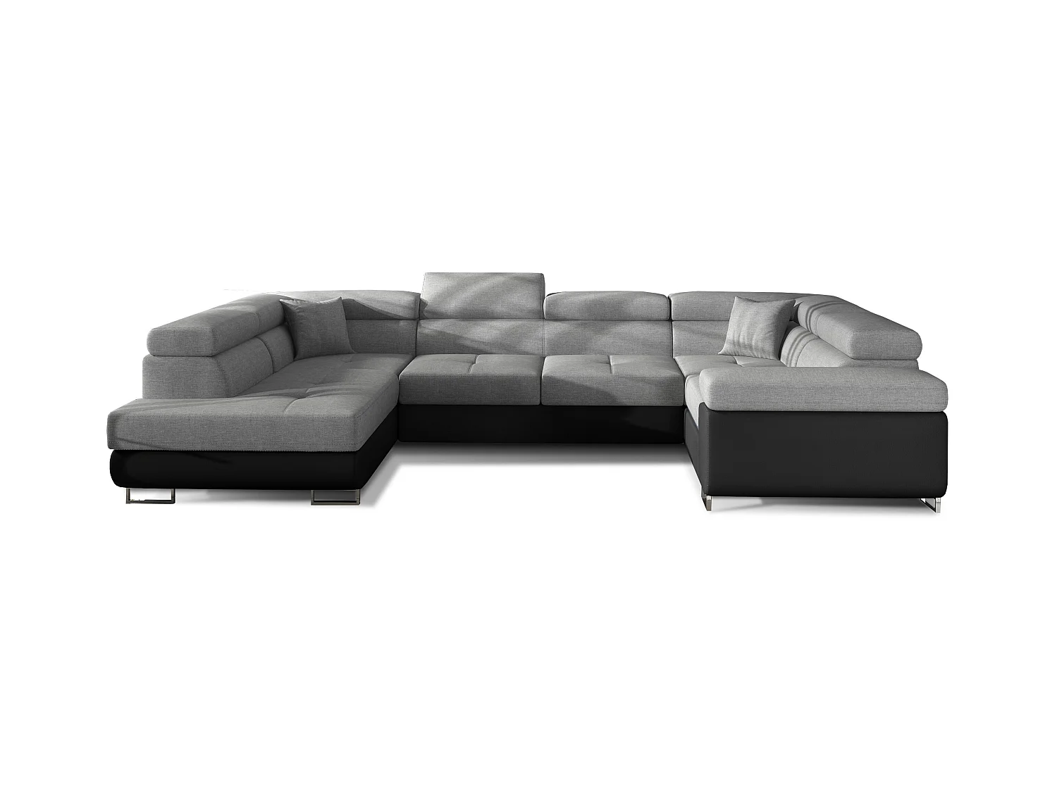 Canapé convertible U gauche tissu gris clair et simili noir avec coffre de rangement Tovy 340cm