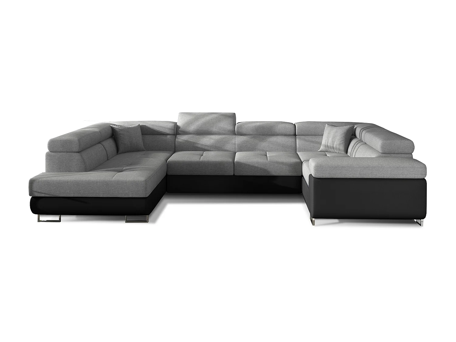 Canapé convertible U gauche tissu gris clair et simili noir avec coffre de rangement Tovy 340cm