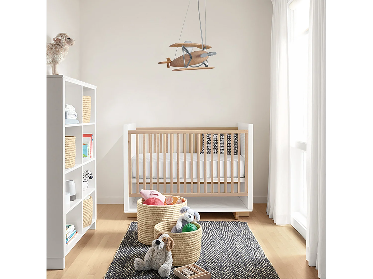 Suspension enfant avion bois naturel, aluminium 74 cm.