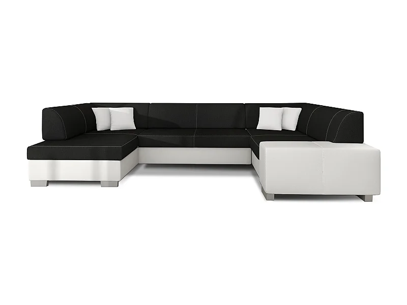 Canapé convertible panoramique bi matières tissu noir et simili cuir blanc avec coffre de rangement Houston 320cm-Coffre de rangement à gauche