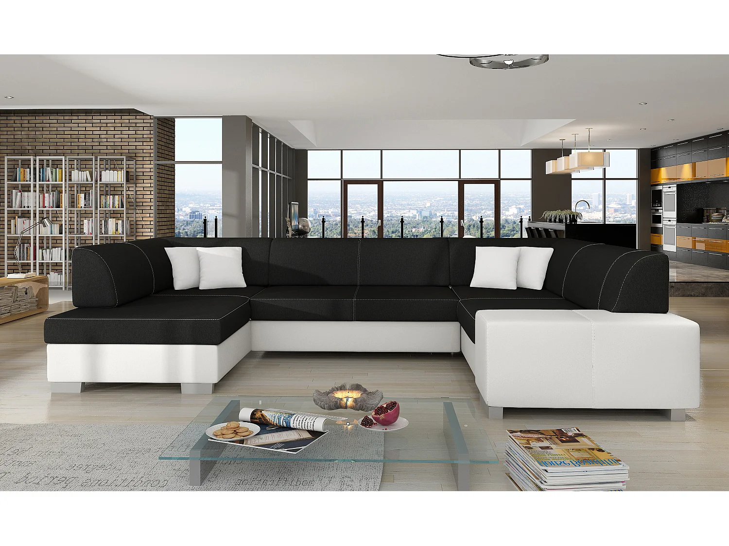 Canapé convertible panoramique bi matières tissu noir et simili cuir blanc avec coffre de rangement Houston 320cm-Coffre de rangement à gauche