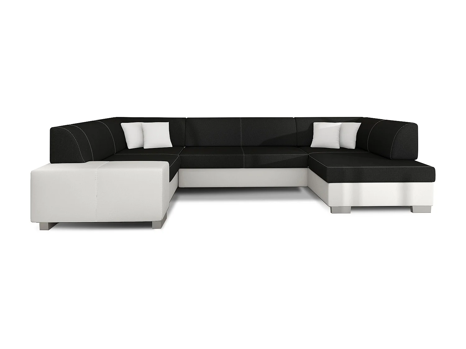 Canapé convertible panoramique bi matières tissu noir et simili cuir blanc avec coffre de rangement Houston 320cm-Coffre de rangement à gauche