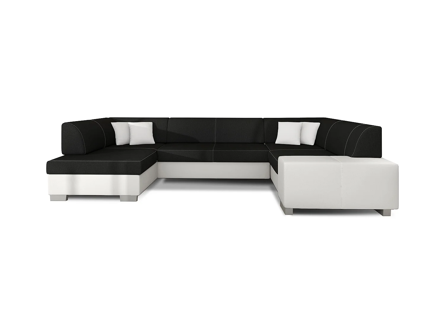 Canapé convertible panoramique bi matières tissu noir et simili cuir blanc avec coffre de rangement Houston 320cm-Coffre de rangement à gauche
