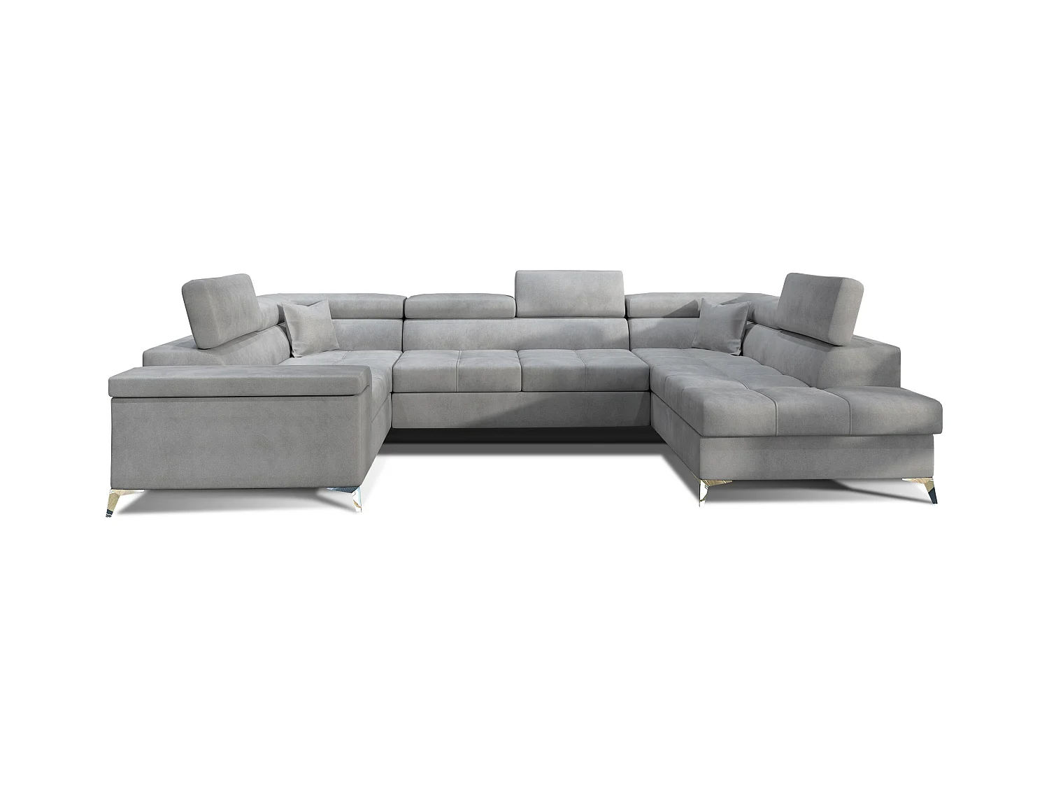 Canapé panoramique convertible velours gris clair avec coffre de rangement Triano 342cm-Coffre de rangement à droite