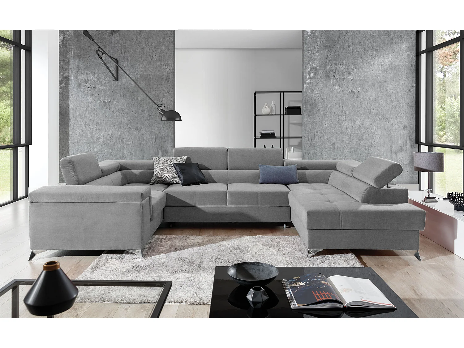 Canapé panoramique convertible TRIANO velours - têtières réglables-Gris perle-Coffre à droite