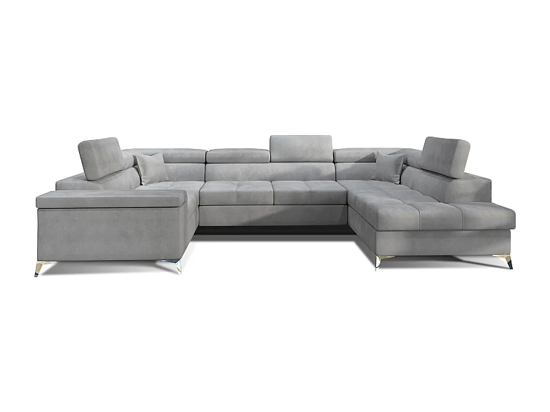 Canapé panoramique convertible velours gris clair avec coffre de rangement Triano 342cm-Coffre de rangement à droite