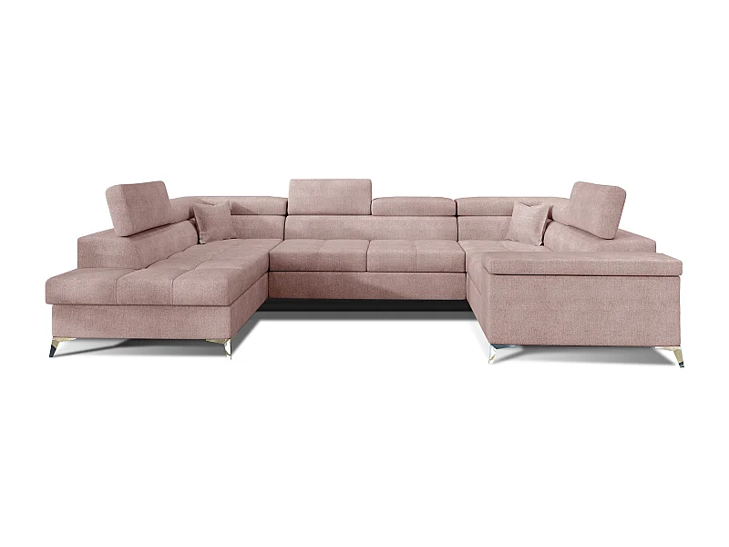 Canapé panoramique convertible tissu rose clair avec coffre de rangement Triano 342cm-Coffre de rangement à gauche