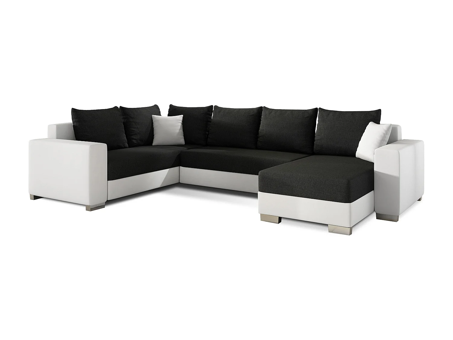Canapé U convertible tissu noir et simili blanc coffre de rangement à droite Marry 321cm