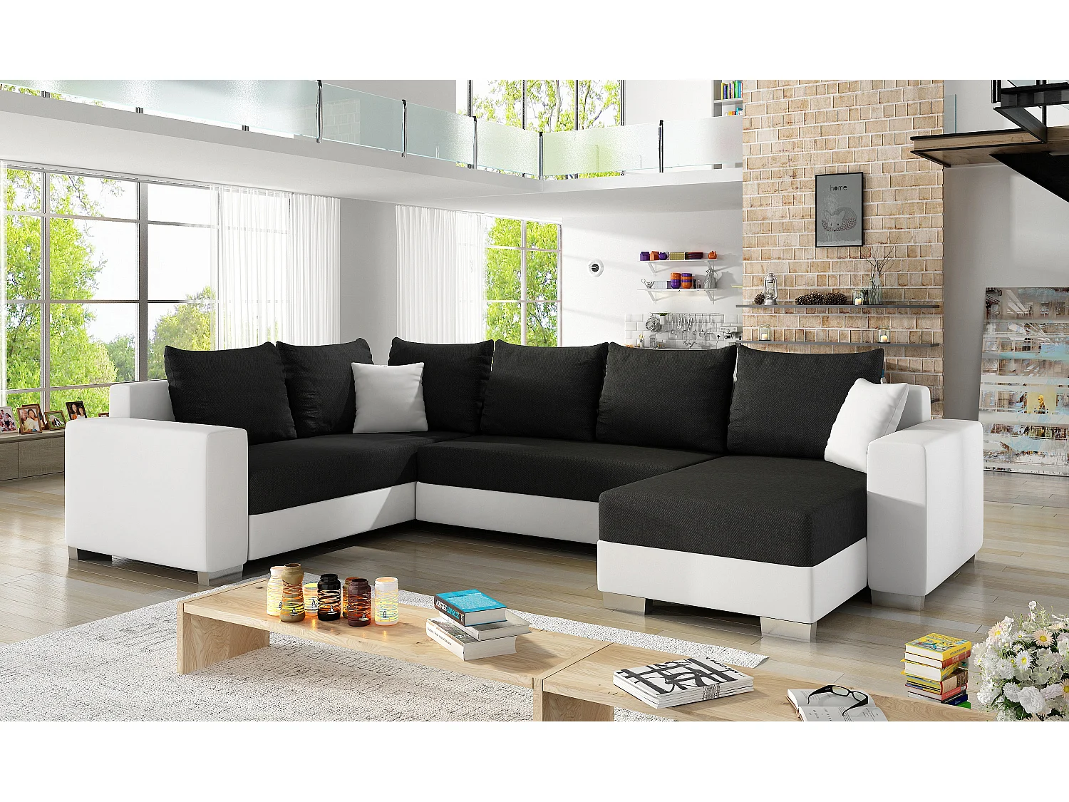 Canapé U convertible tissu noir et simili blanc coffre de rangement à droite Marry 321cm