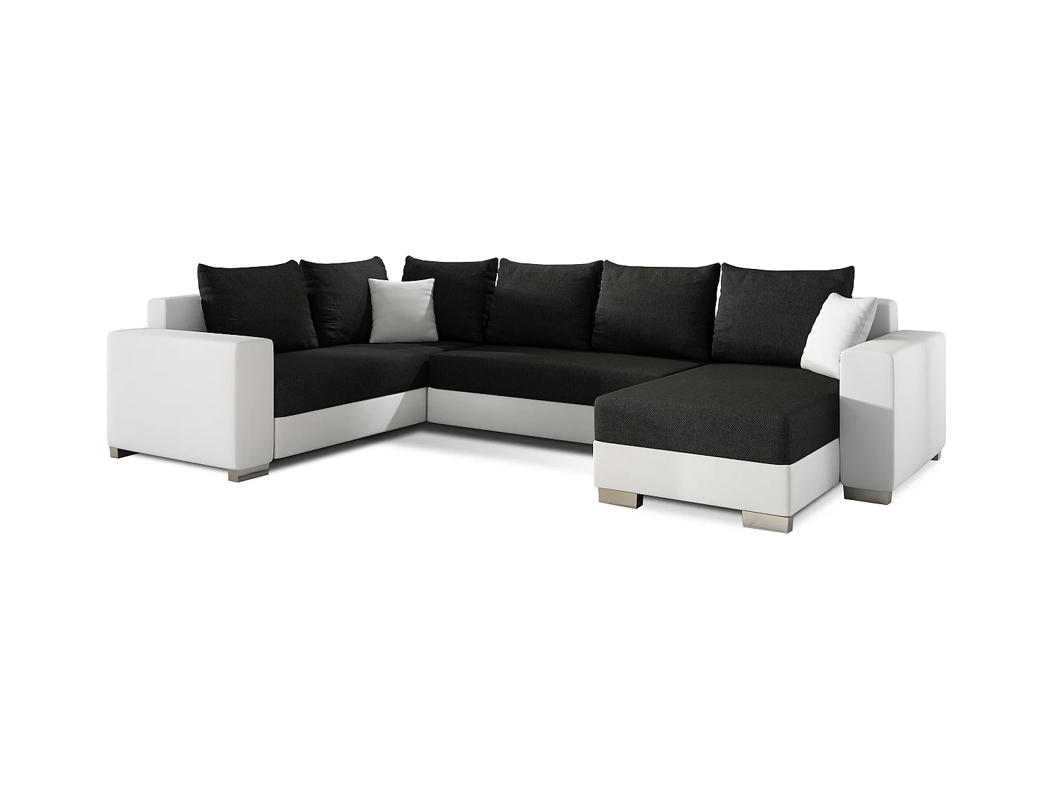 Canapé U convertible tissu noir et simili blanc coffre de rangement à droite Marry 321cm
