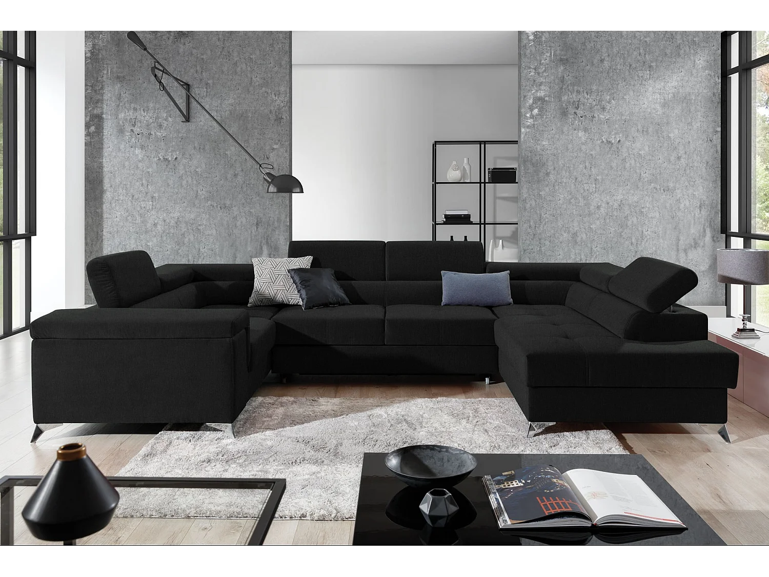 Canapé panoramique convertible tissu noir avec coffre de rangement Triano 342cm-Coffre de rangement à droite