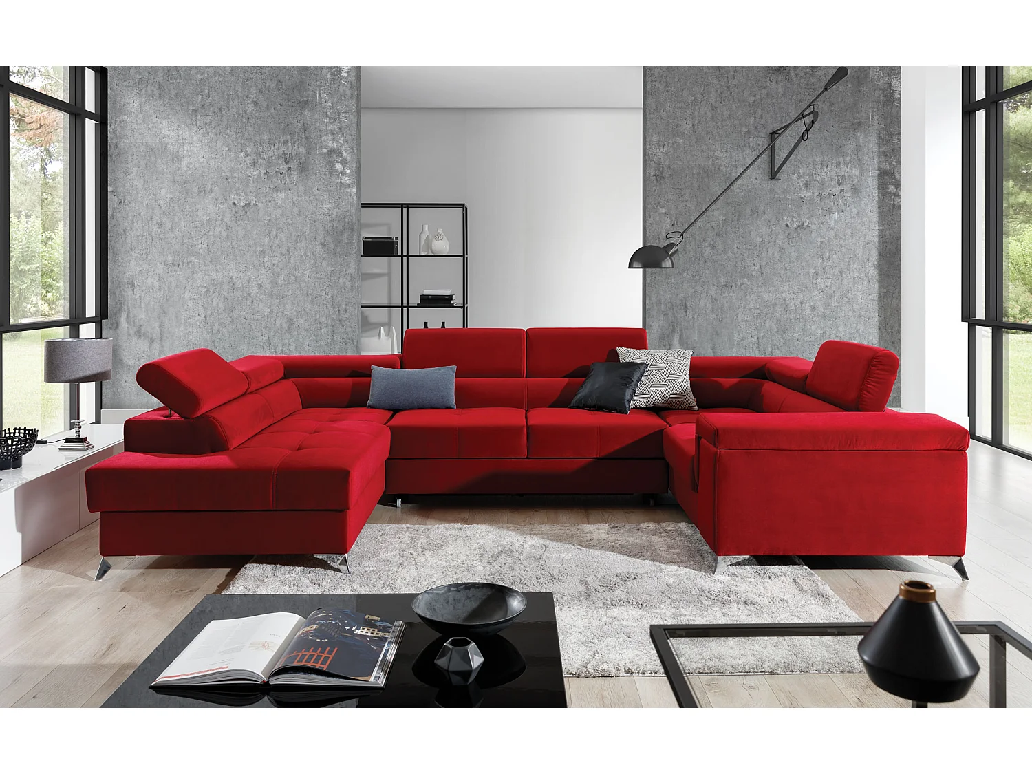 Canapé panoramique convertible tissu noir avec coffre de rangement Triano 342cm-Coffre de rangement à droite