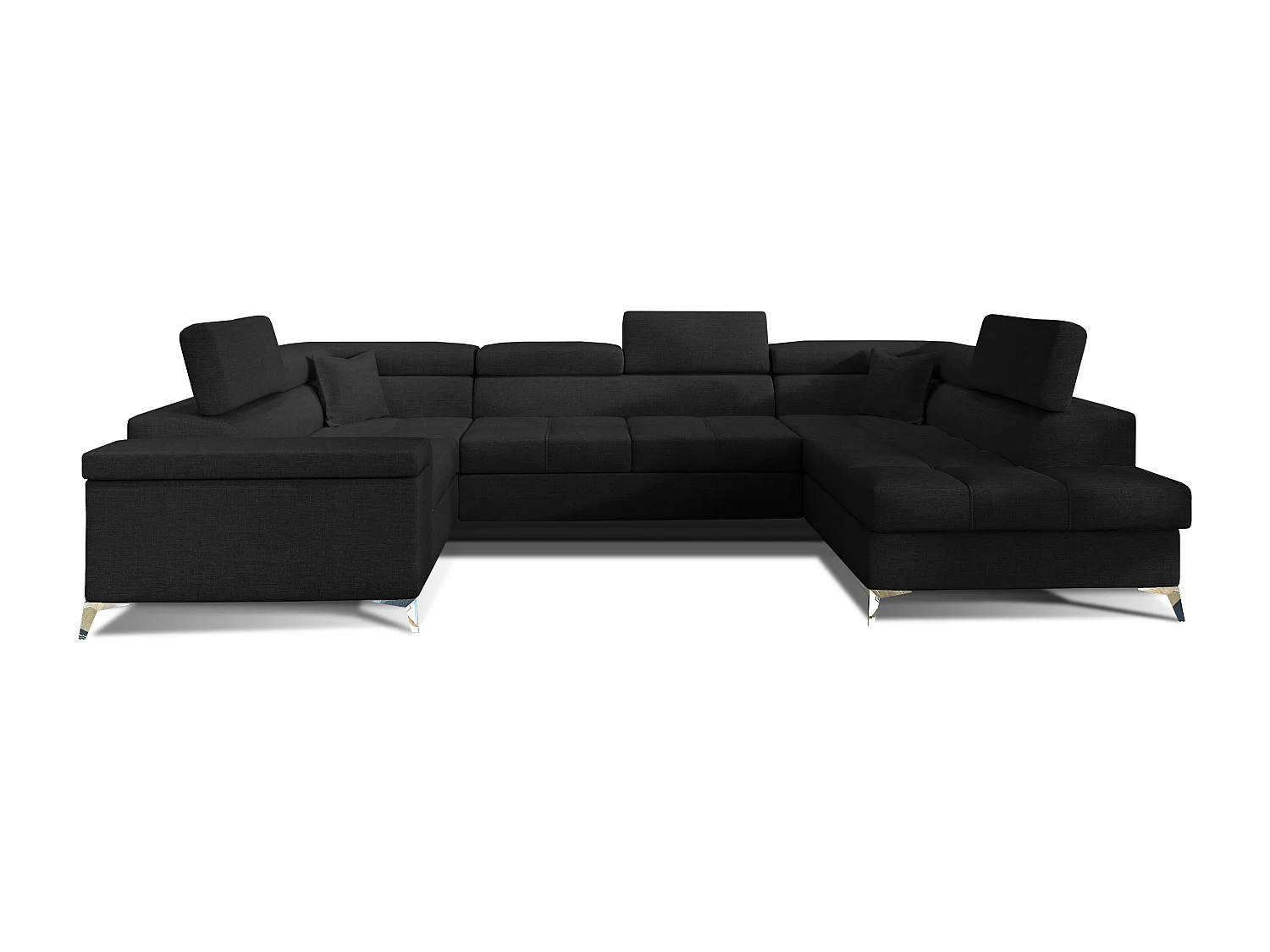 Canapé panoramique convertible tissu noir avec coffre de rangement Triano 342cm-Coffre de rangement à droite