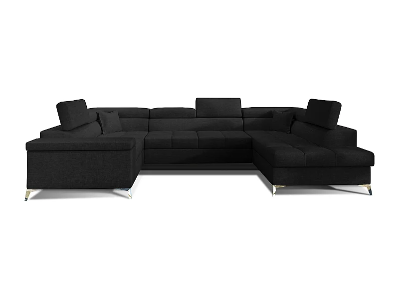 Canapé panoramique convertible tissu noir avec coffre de rangement Triano 342cm-Coffre de rangement à droite