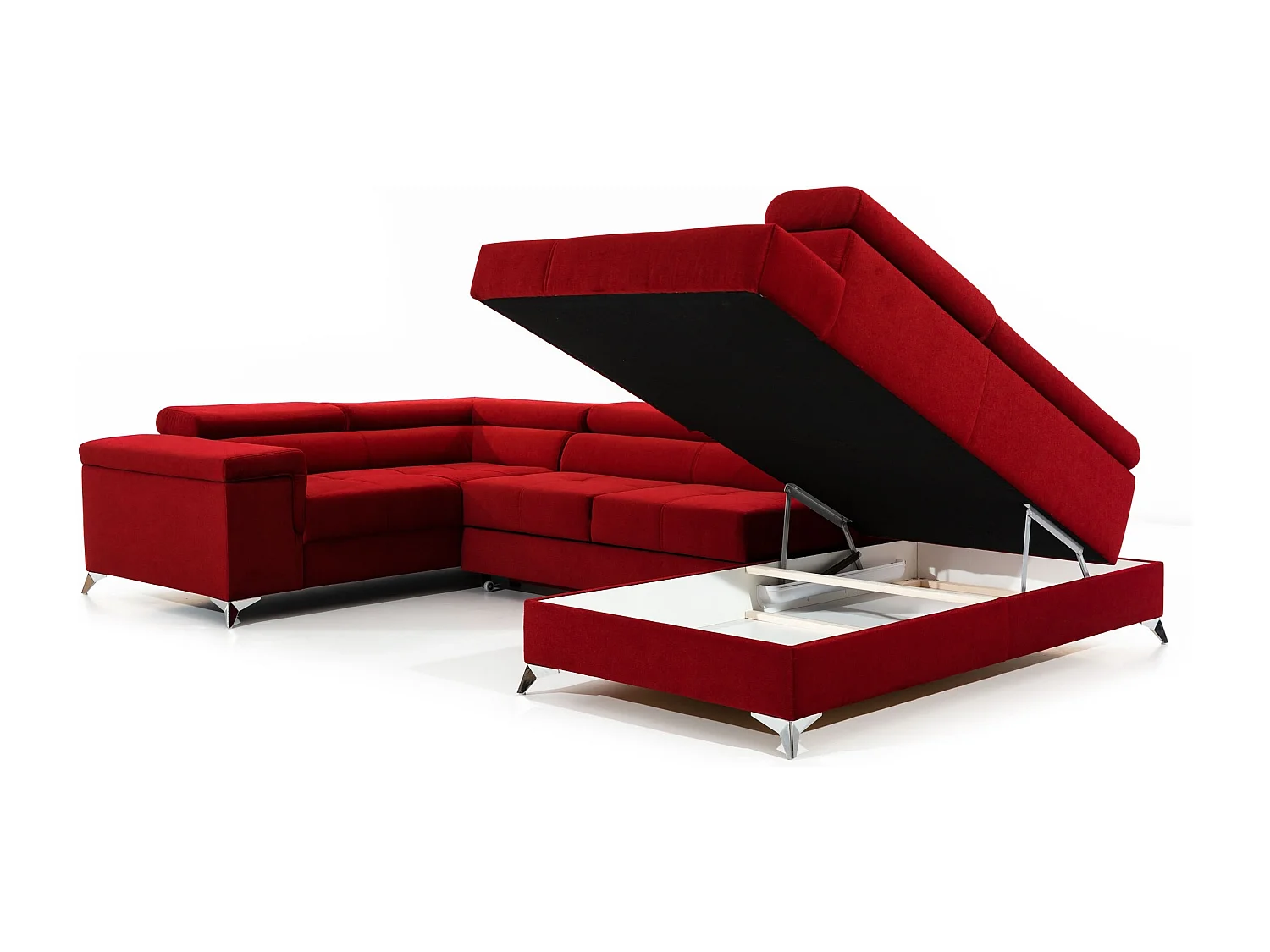 Canapé panoramique convertible velours rouge avec coffre de rangement Triano 342cm-Coffre de rangement à droite